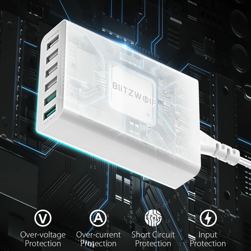 BlitzWolf® BW-S15 60W 6-Ports USB Charger Dual QC3.0 Desktop Charging Station Smart Charger EU Plug Adapter — view 3