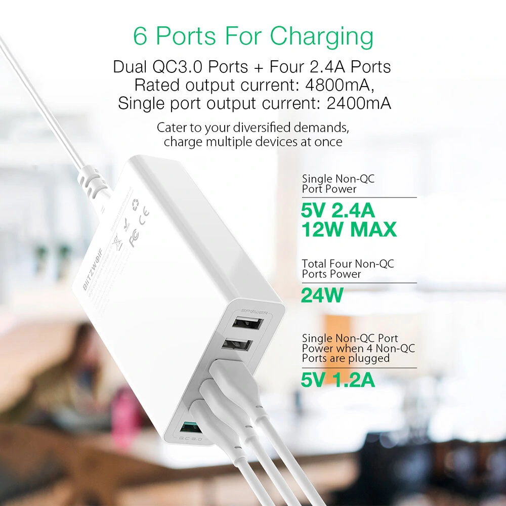 BlitzWolf® BW-S15 60W 6-Ports USB Charger Dual QC3.0 Desktop Charging Station Smart Charger EU Plug Adapter — view 4