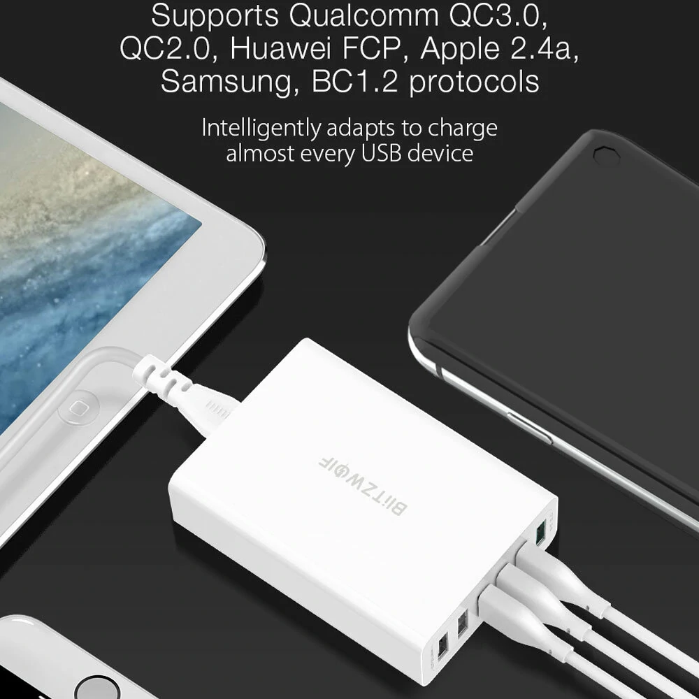 BlitzWolf® BW-S15 60W 6-Ports USB Charger Dual QC3.0 Desktop Charging Station Smart Charger EU Plug Adapter — view 5