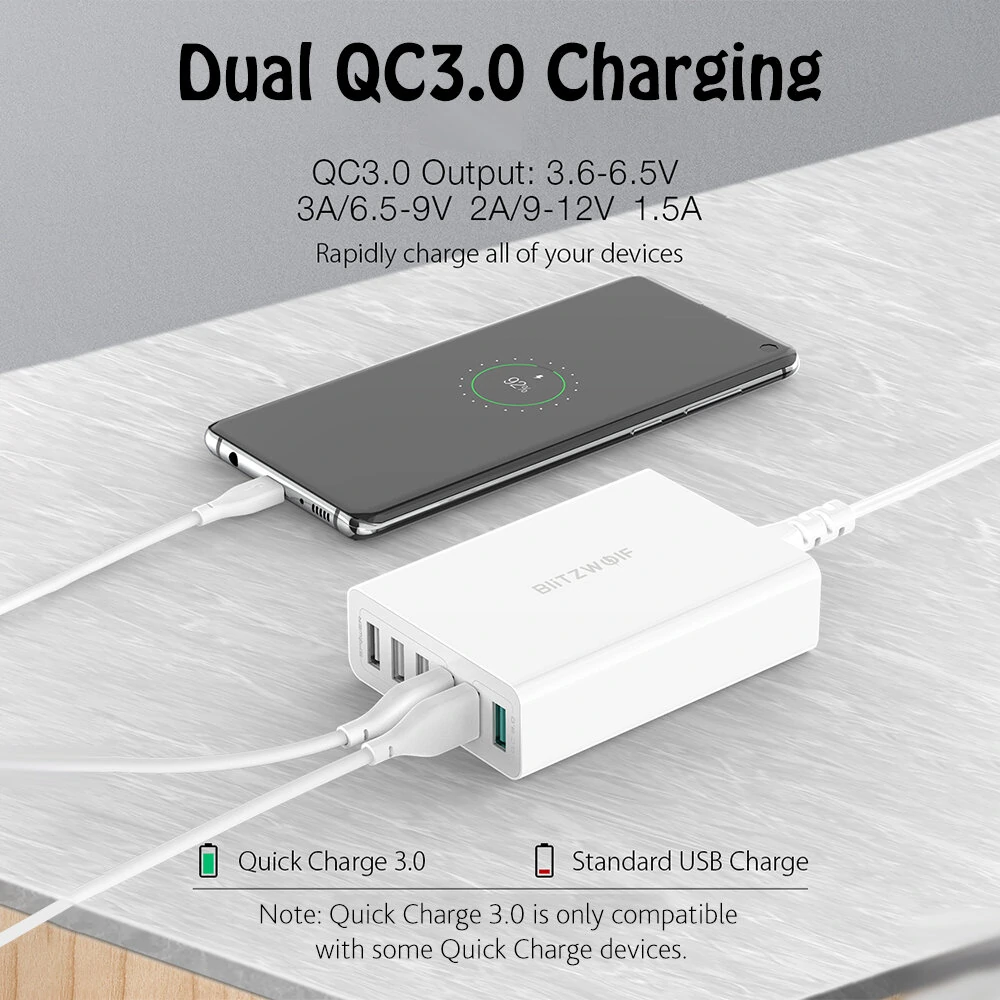 BlitzWolf® BW-S15 60W 6-Ports USB Charger Dual QC3.0 Desktop Charging Station Smart Charger EU Plug Adapter — view 6
