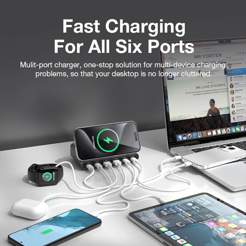 BlitzWolf® BW-S27 160W 6-Port USB PD Desktop Fast Charger 2USB-A+4USB-C PD3.0 QC4.0 AFC FCP SCP PPS PE with 15W 10W 7.5W 5W Wireless Charger Desktop Charging Station EU Plug for iPhone 15 14 13 for MacBook Pro for Airpods for Apple Watch — view 4