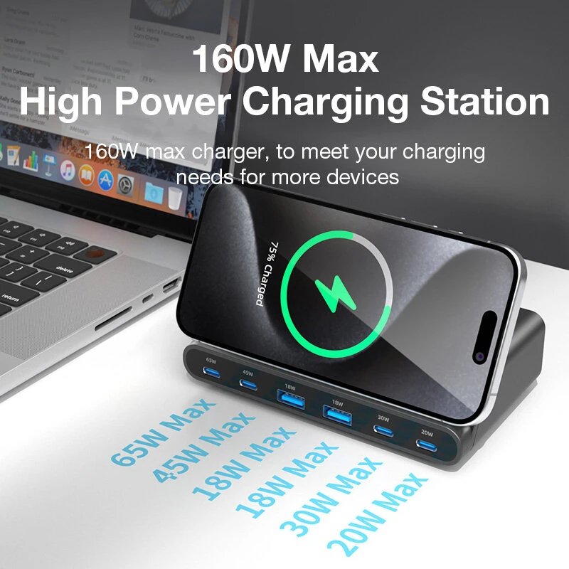 BlitzWolf® BW-S27 160W 6-Port USB PD Desktop Fast Charger 2USB-A+4USB-C PD3.0 QC4.0 AFC FCP SCP PPS PE with 15W 10W 7.5W 5W Wireless Charger Desktop Charging Station EU Plug for iPhone 15 14 13 for MacBook Pro for Airpods for Apple Watch — view 5