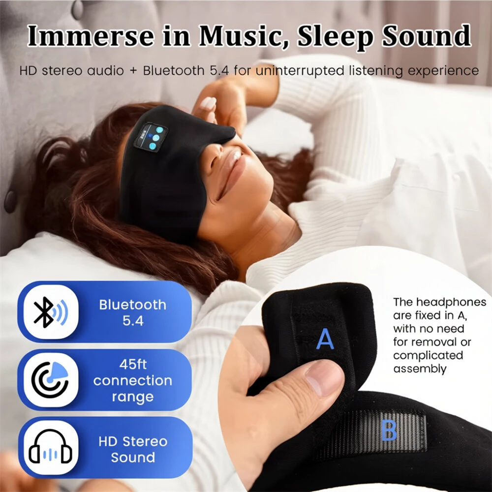 Bluetooth 5.2 Wireless Sleep Eyemask Soft Breathable Fabric Light Blocking HD Stereo Sound Music Eye Mask Travel Portable Sleep Mask — view 5