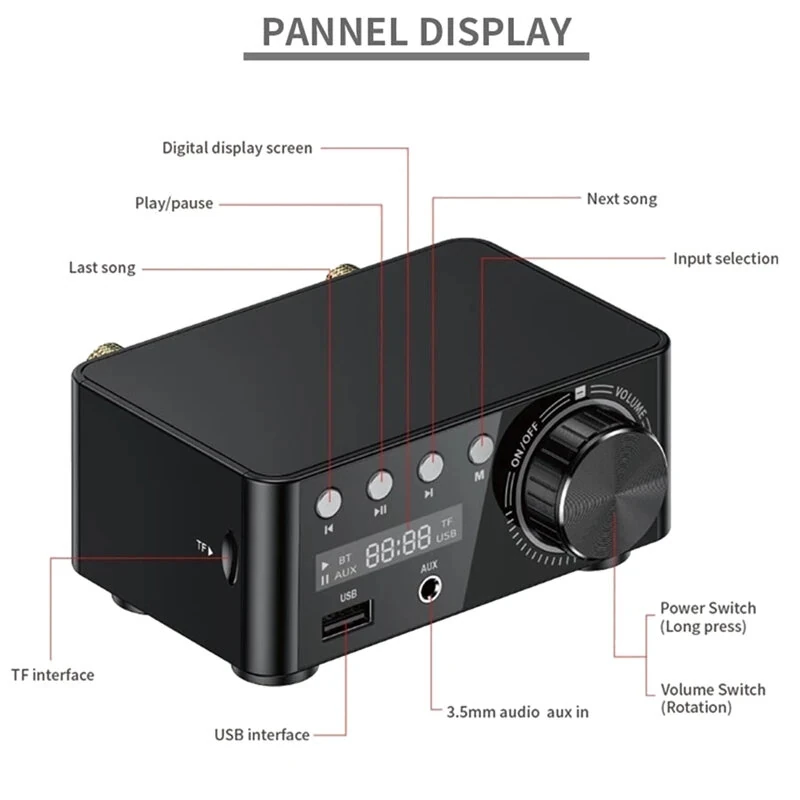 Bluetooth Digital Power Amplifier D-Class Mini Amplifier HiFi Sound MP3 Player Lossless Player Mini Audio Hifi Bluetooth 5.0 Power Class D Amplifier Tpa3116 Digital Amp 50Wx2 Home Audio Car Marine USB/AUX IN — view 6