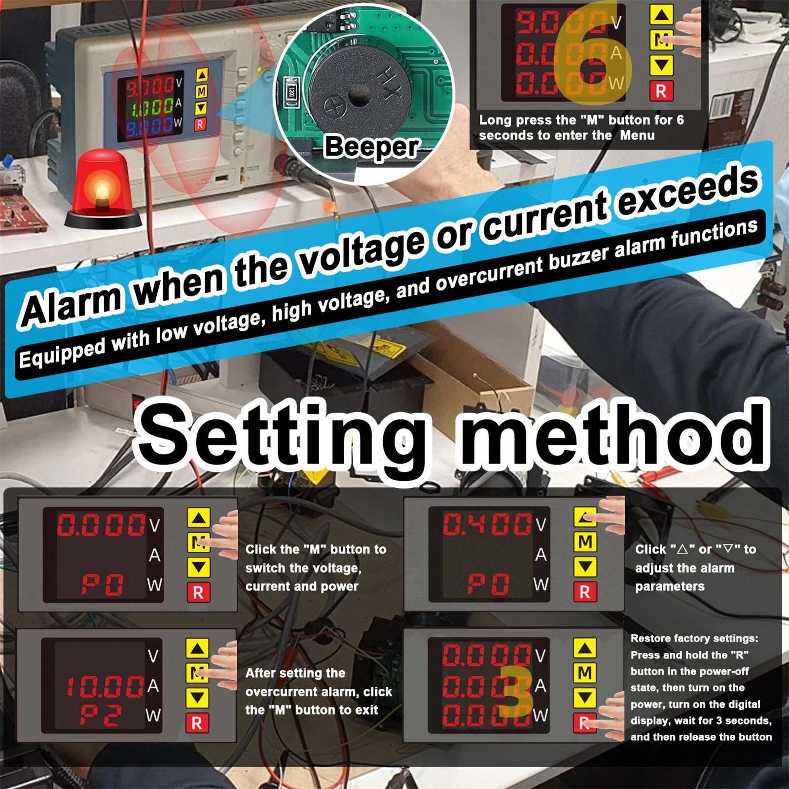 BM730 3in1 Voltage Current Power Meter 4-digit Digital Voltmeter Multifunctional Ammeter with Buzzer Supports Voltage and Current Display Fine Adjustment with Low Voltage Overvoltage and Overcurrent Sound Alarm Function — view 6