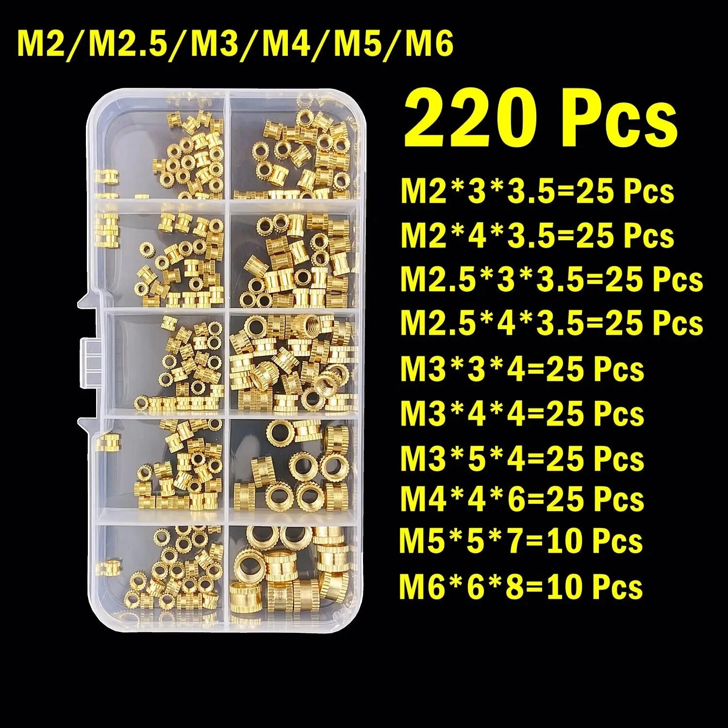 Brass Heat Set Insert Nut M2 M2.5 M3 M4 M5 M6 Nutinsert Thread Knurled Embedment Screw Nuts 3D Printing Assortment Kit — view 2