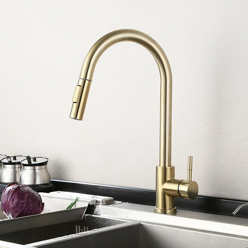 Brushed Gold Kitchen Sink Faucet Pull Out Water Tap Single Handle Mixer Tap 360 Rotate — view 2