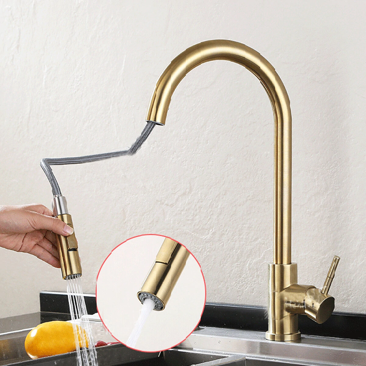 Brushed Gold Kitchen Sink Faucet Pull Out Water Tap Single Handle Mixer Tap 360 Rotate — view 3