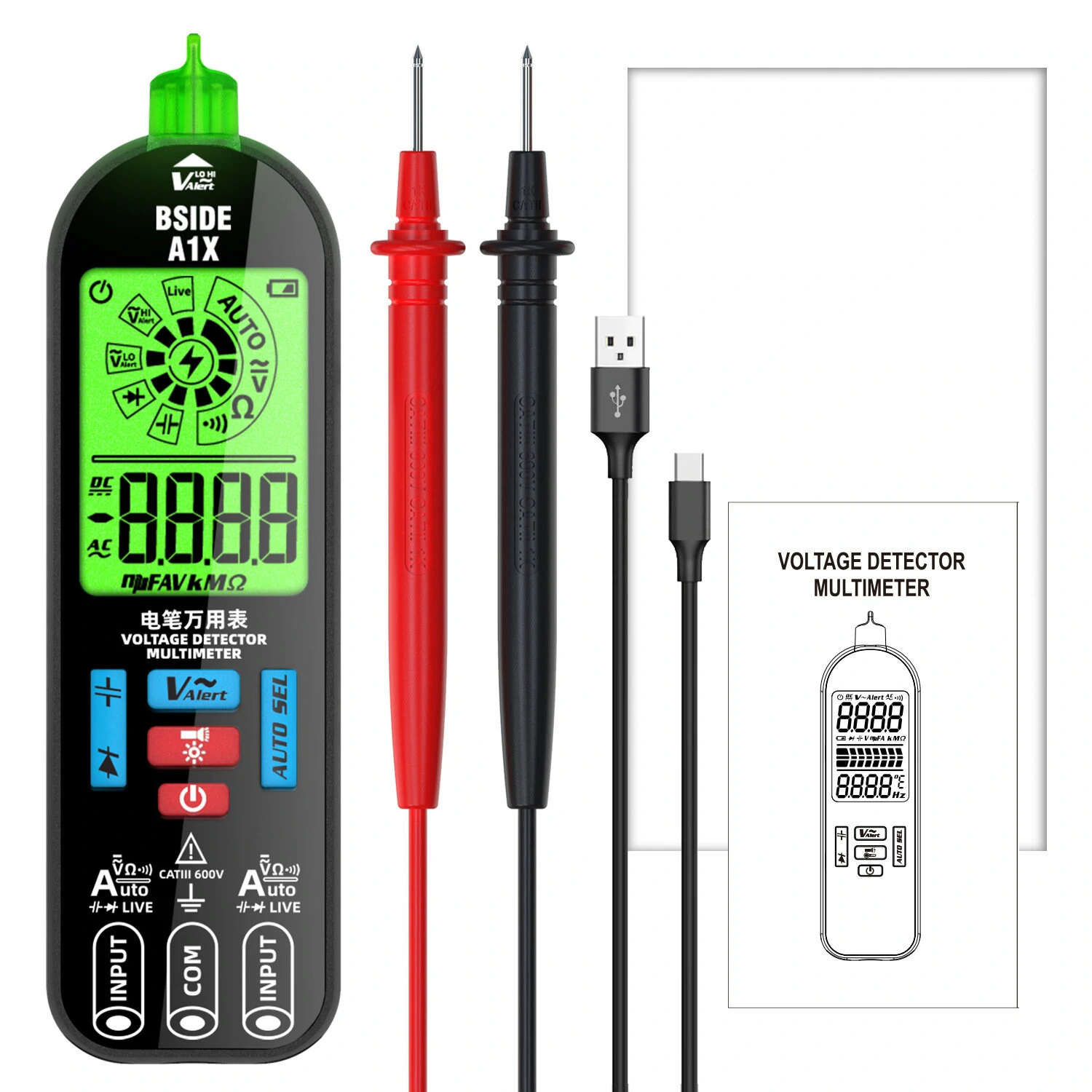 BSIDE A1X Digital Multimeter Advanced Display USB Charging Non-Contact Voltage Detection Portable Test Meter with Auto Ranging