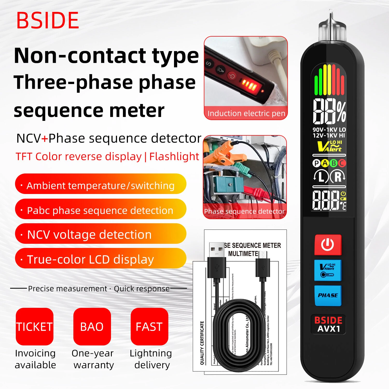 BSIDE AVX1 Non-Contact Phase Sequene Tester LCD Display Voltage Detection Temperature Measurement Rechargeable Lithium Battery Lightweight Compact Electrical Testing Tool — view 3