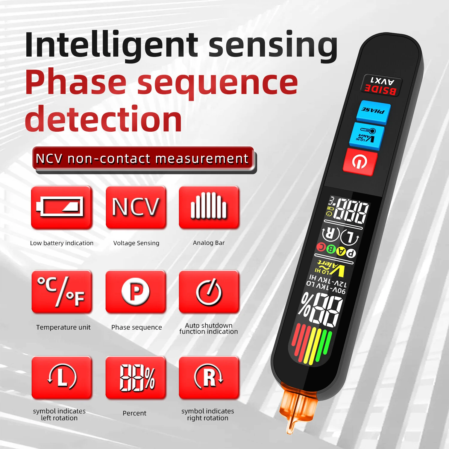 BSIDE AVX1 Non-Contact Phase Sequene Tester LCD Display Voltage Detection Temperature Measurement Rechargeable Lithium Battery Lightweight Compact Electrical Testing Tool — view 4