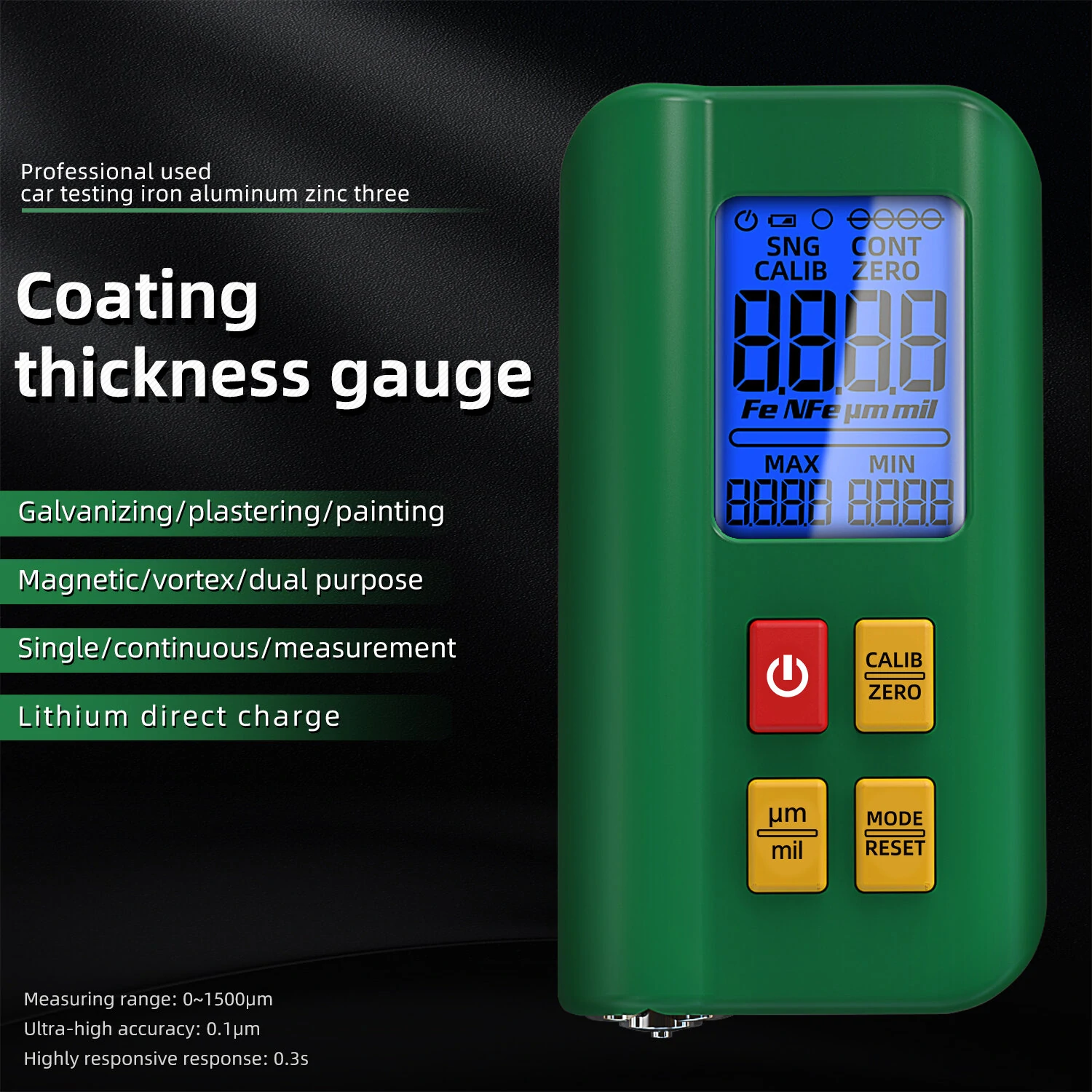 BSIDE Coating Thickness Gauge Rechargeable Car Paint Film Thickness Tester Tool 0.1micron/0-1500µm Fe/NFe MAX/MIN Measuring — view 3
