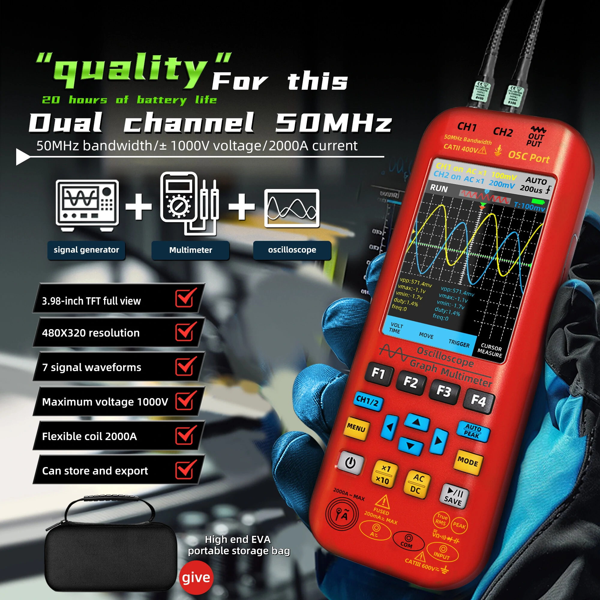 BSIDE O9 2*50MHZ Dual Channel 3in1 Oscilloscope Multimeter Signal Source 3.98inch TFT Display Oscope Meter Handheld Oscilloscope 250MSa/s Sampling Rate with Waveform Save and View Function — view 3