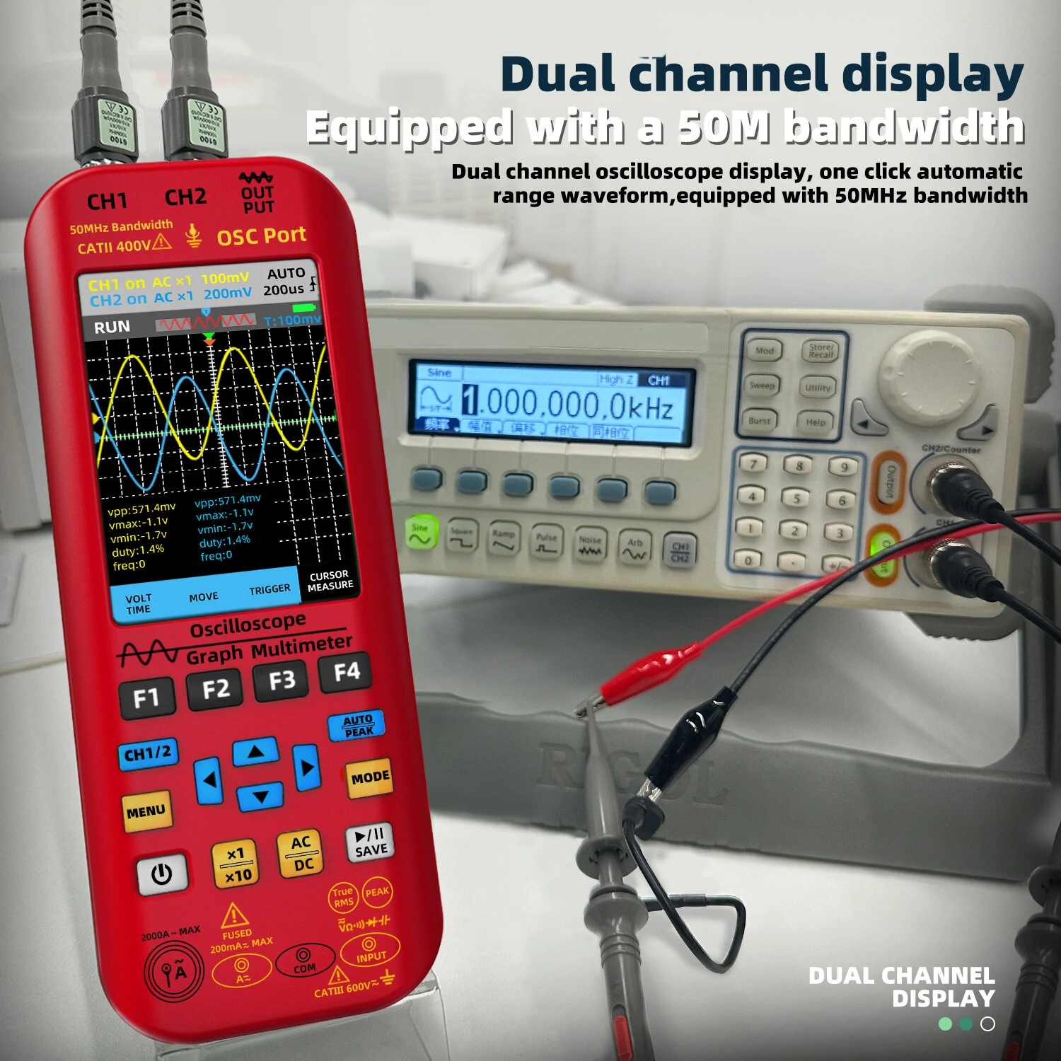 BSIDE O9 2*50MHZ Dual Channel 3in1 Oscilloscope Multimeter Signal Source 3.98inch TFT Display Oscope Meter Handheld Oscilloscope 250MSa/s Sampling Rate with Waveform Save and View Function — view 7