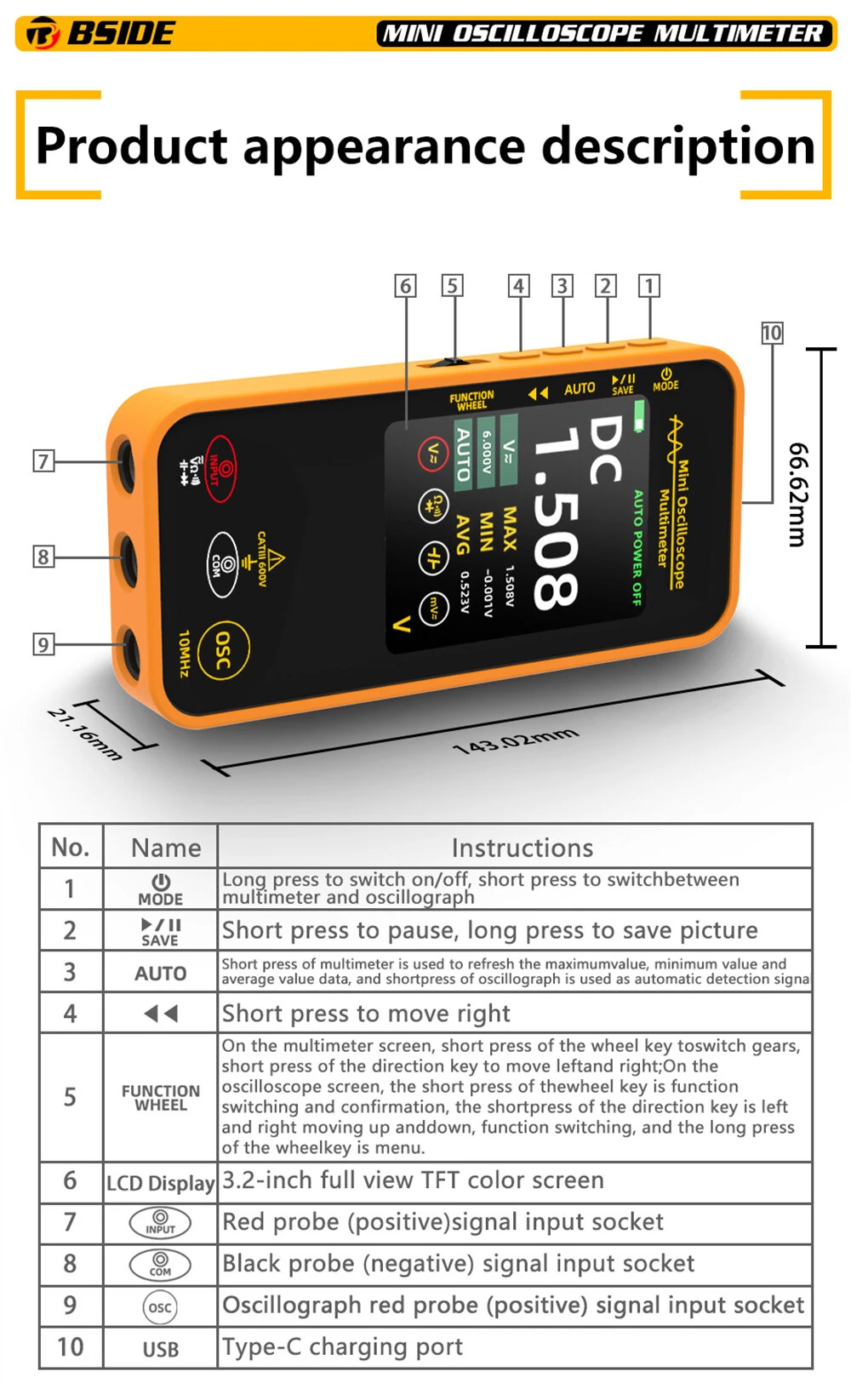BSIDE OS1 Mini Oscilloscope Multimeter 10MHz Bandwidth 48MSa/s Sampling Rate 1000V DC Voltage Measurement Portable Multifunctional Tester for Professional Electronics Troubleshooting — view 11