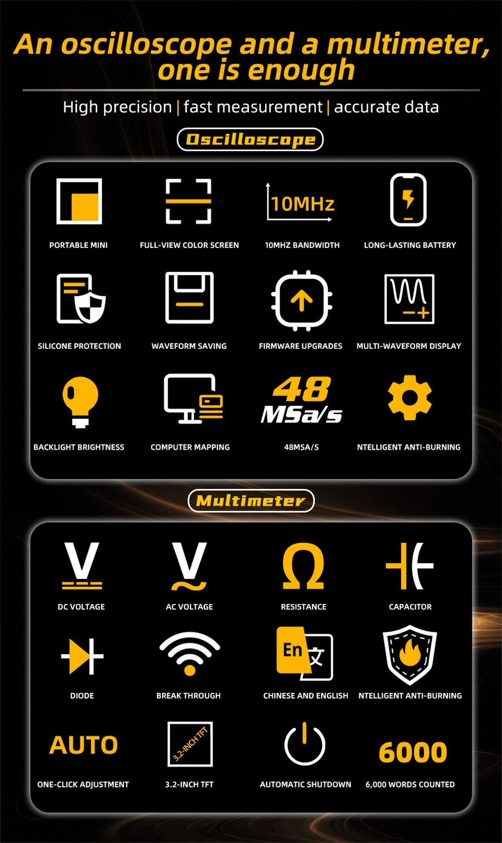 BSIDE OS1 Mini Oscilloscope Multimeter 10MHz Bandwidth 48MSa/s Sampling Rate 1000V DC Voltage Measurement Portable Multifunctional Tester for Professional Electronics Troubleshooting — view 4