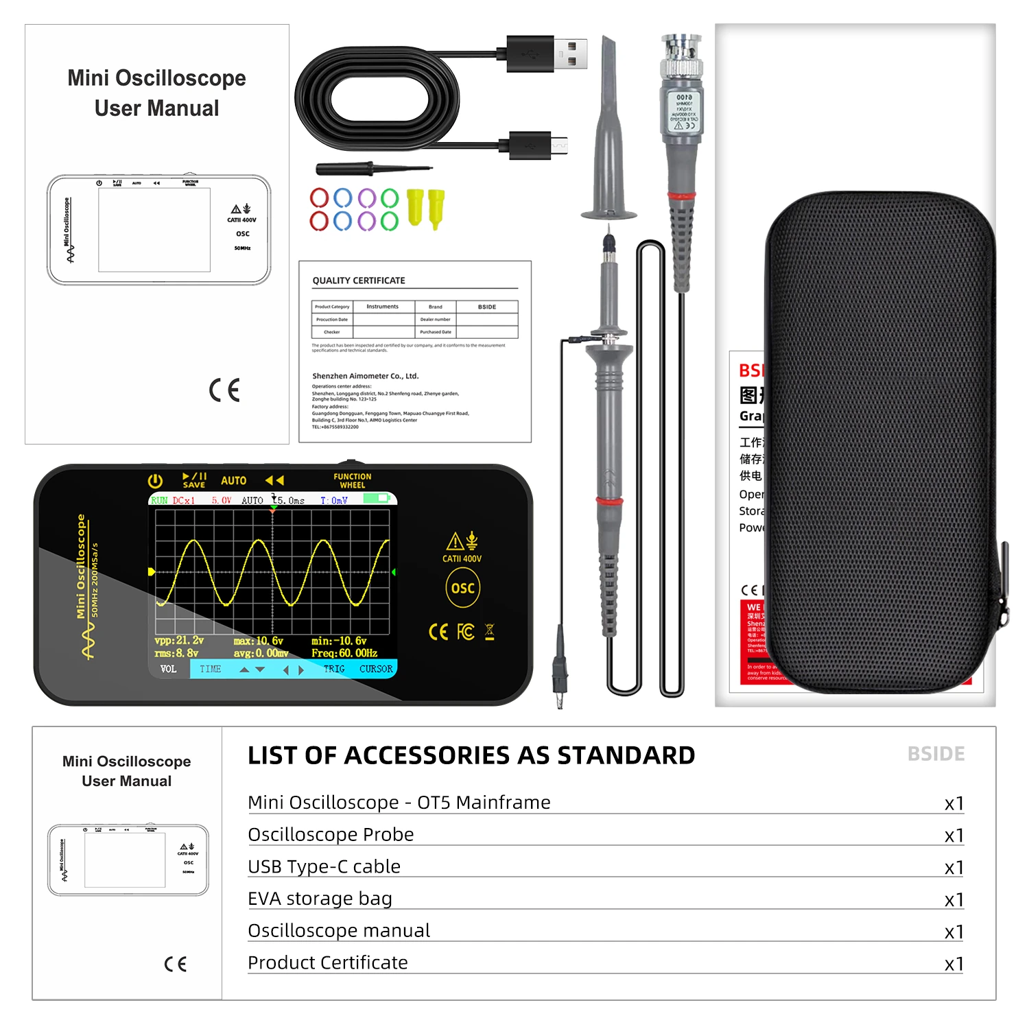 BSIDE OT5 50MHz Mini Oscilloscope Single Channel 200MSa/s Sampling Rate Portable Digital Signal Analyzer USB Powered Compact Design — view 10