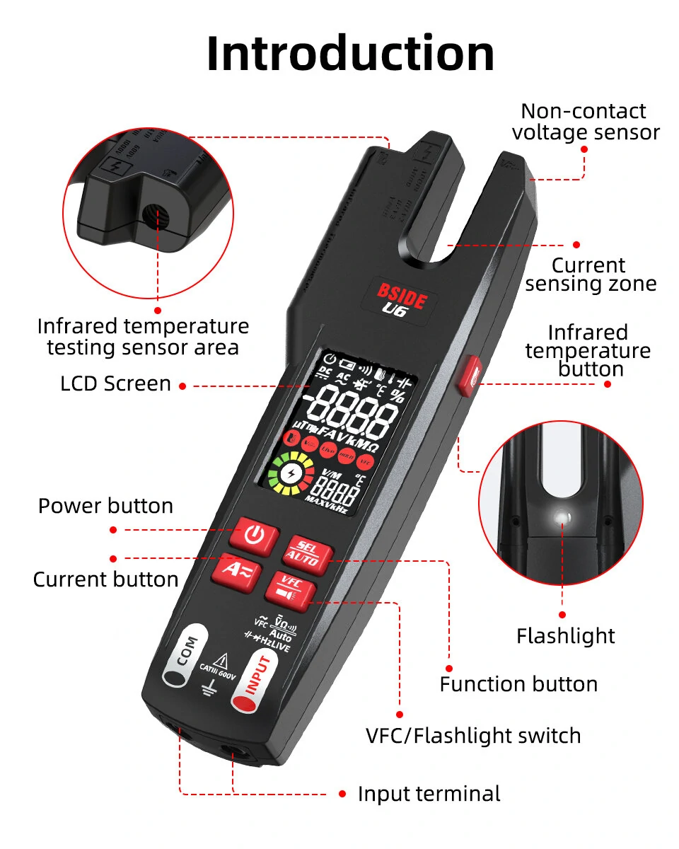 BSIDE U6 Digital Clamp Fork Multimeter AC/DC Voltage Current Tester with Infrared Temperature Measurement & Safety Features — view 10