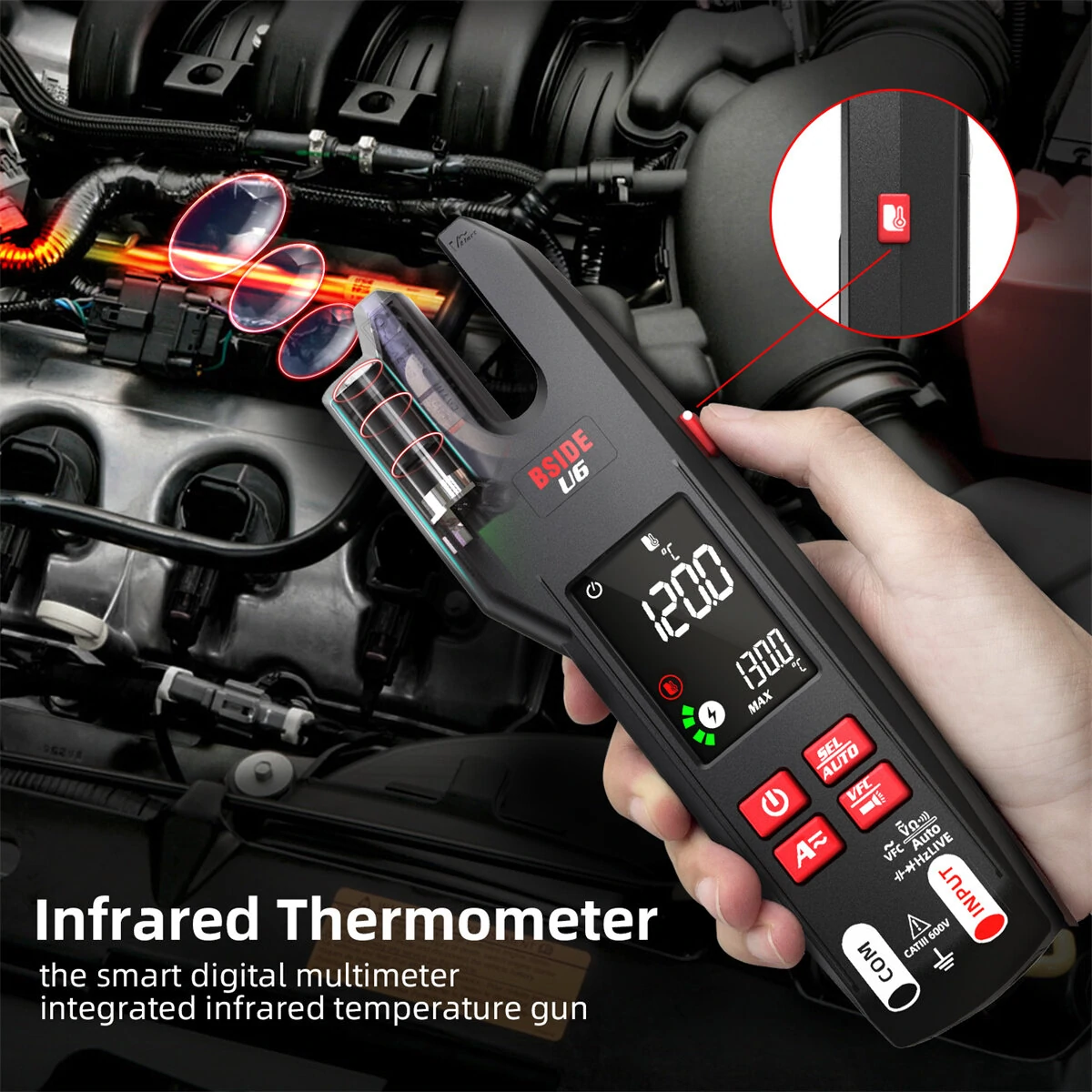 BSIDE U6 Digital Clamp Fork Multimeter AC/DC Voltage Current Tester with Infrared Temperature Measurement & Safety Features — view 6