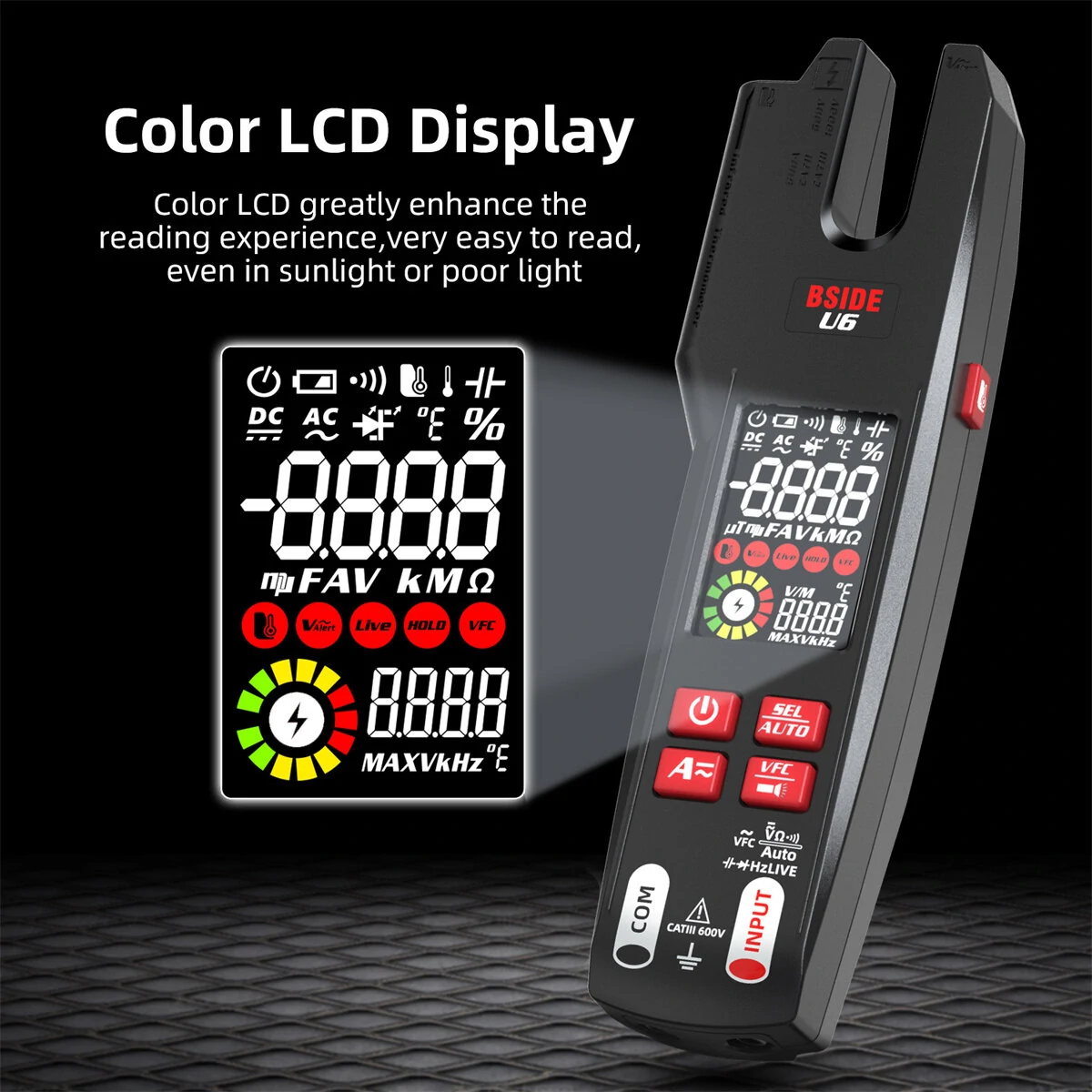 BSIDE U6 Digital Clamp Fork Multimeter AC/DC Voltage Current Tester with Infrared Temperature Measurement & Safety Features — view 7