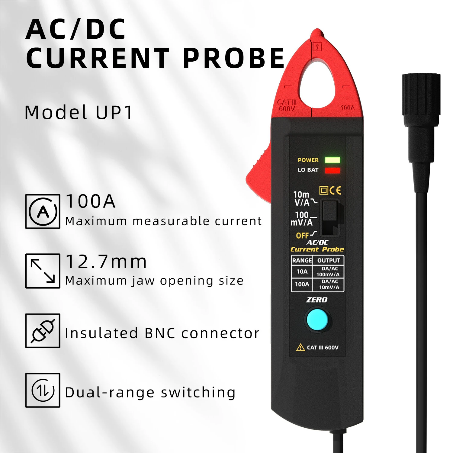 BSIDE UP1 AC/DC Current Probe, 10A/100A Clamp 100mV/A 10mV/A Output BNC Interface 12.7mm Jaw non-contact checks USB Type-C Rechargeable Oscilloscope — view 2