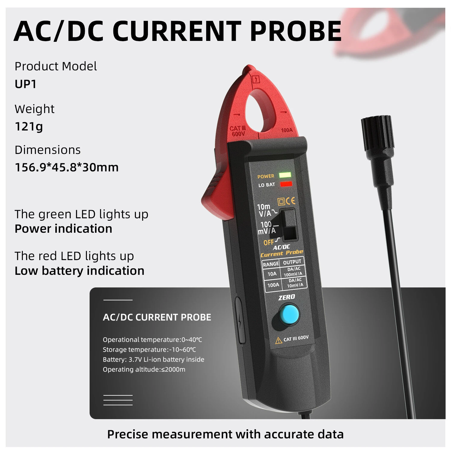 BSIDE UP1 AC/DC Current Probe, 10A/100A Clamp 100mV/A 10mV/A Output BNC Interface 12.7mm Jaw non-contact checks USB Type-C Rechargeable Oscilloscope — view 7