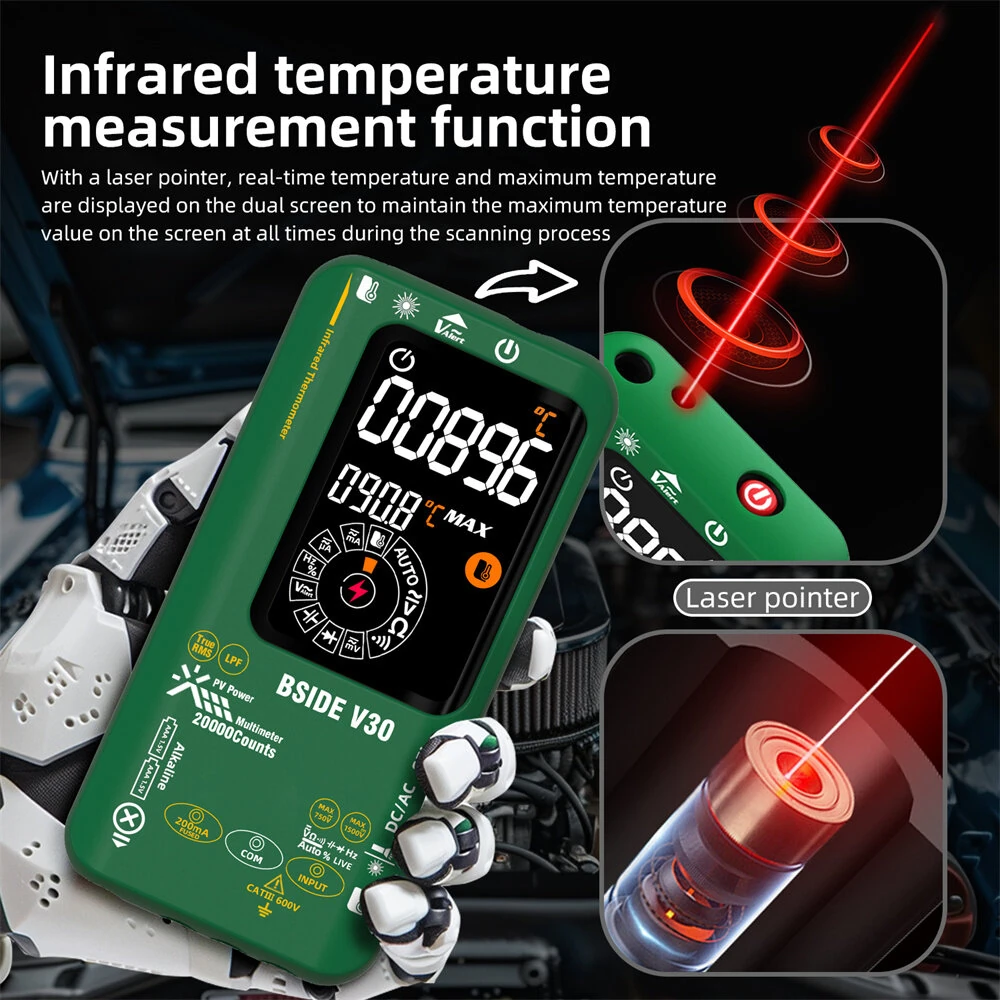BSIDE V30 Digital Multimeter Infrared Thermometer Measures AC/DC Voltage Current Resistance Capacitance Frequency Dual Power Options Flashlight V~Alert 4:1 Object Distance Ratio — view 4