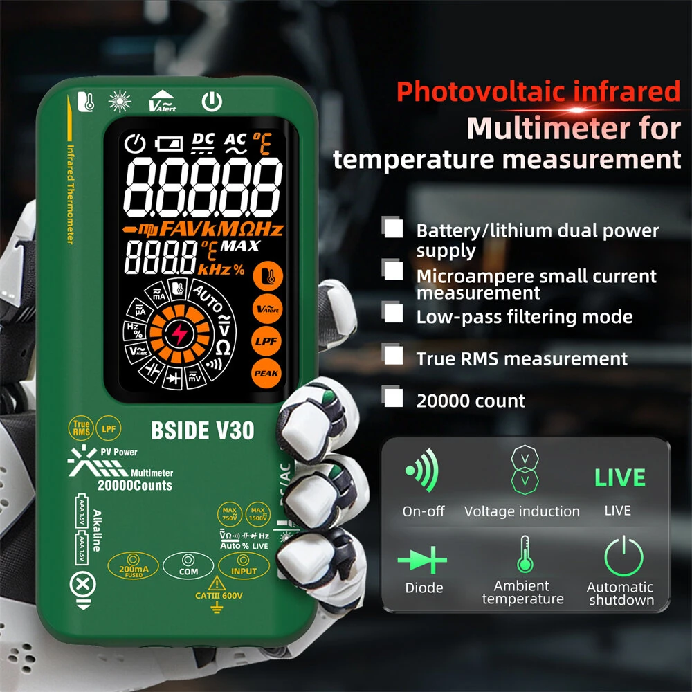 BSIDE V30 Digital Multimeter Infrared Thermometer Measures AC/DC Voltage Current Resistance Capacitance Frequency Dual Power Options Flashlight V~Alert 4:1 Object Distance Ratio — view 6