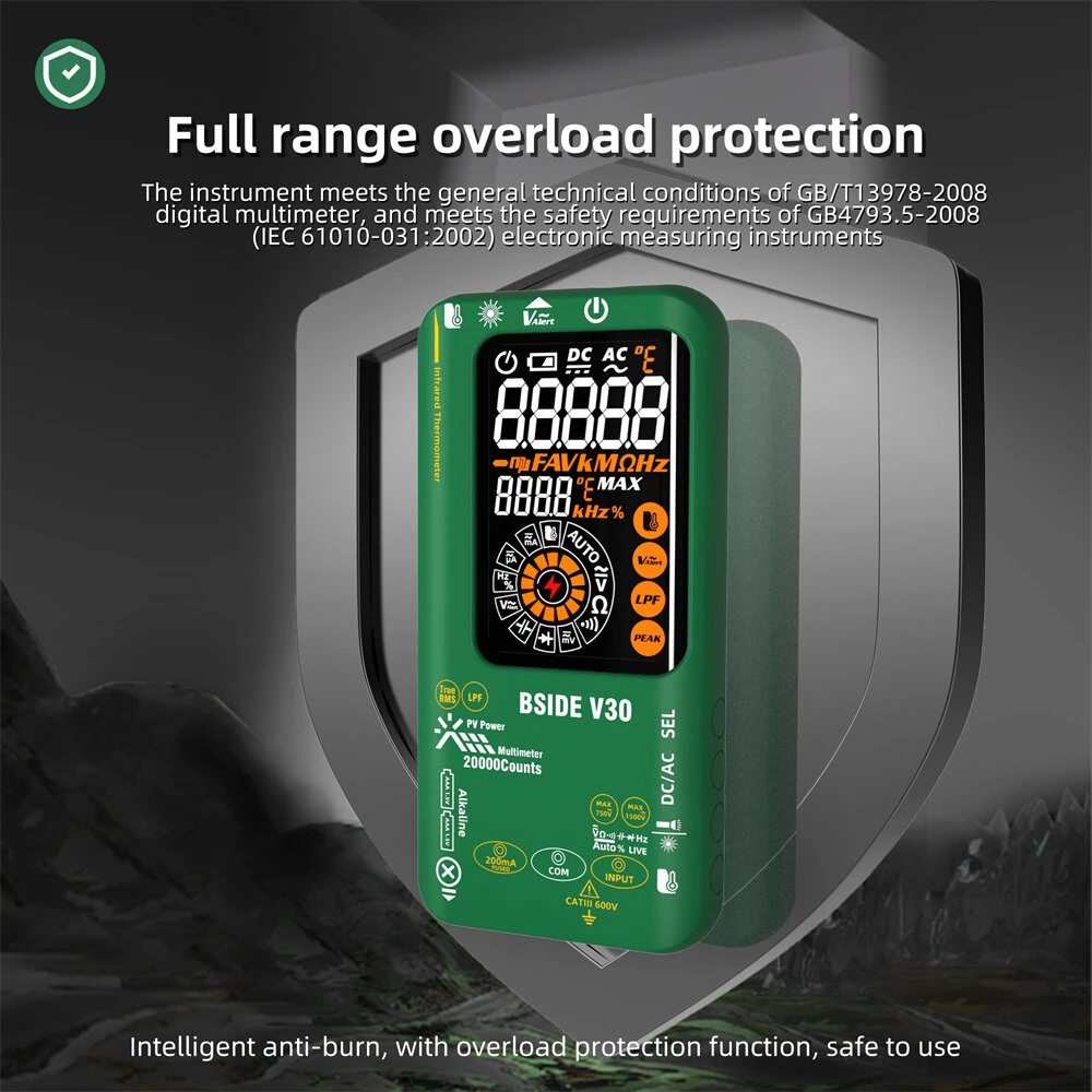 BSIDE V30 Digital Multimeter Infrared Thermometer Measures AC/DC Voltage Current Resistance Capacitance Frequency Dual Power Options Flashlight V~Alert 4:1 Object Distance Ratio — view 8