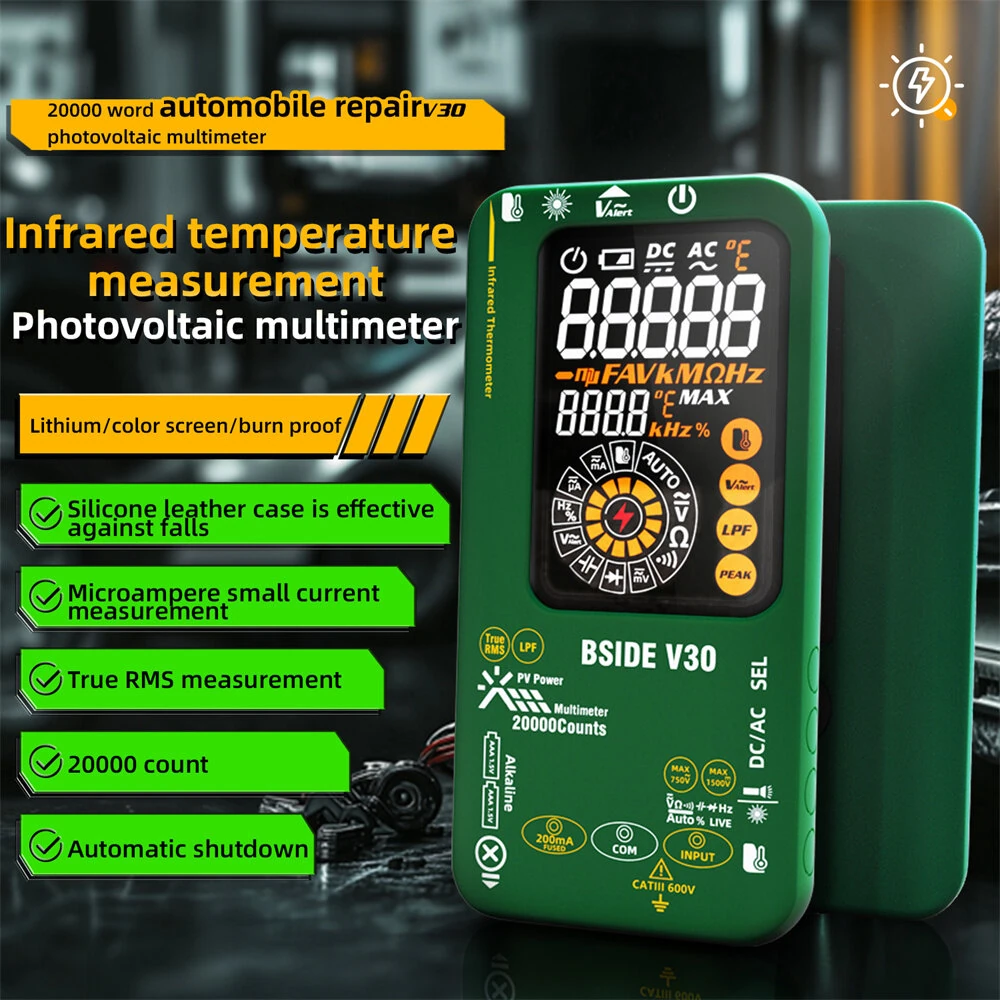 BSIDE V30 Digital Multimeter Infrared Thermometer Measures AC/DC Voltage Current Resistance Capacitance Frequency Dual Power Options Flashlight V~Alert 4:1 Object Distance Ratio — view 9