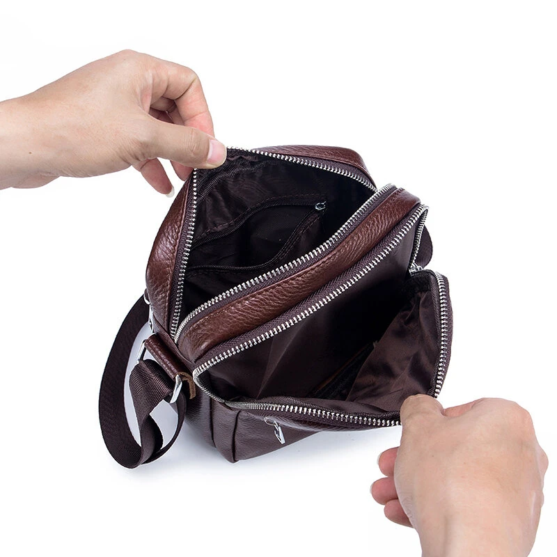 BULLCAPTAI Genuine Leather Men's Shoulder Bag Cowhide Messenger Bags Fashion Male Causal Small Double Zipper Crossbody Bag Short-distance Compact Mini Travel Bag — view 2