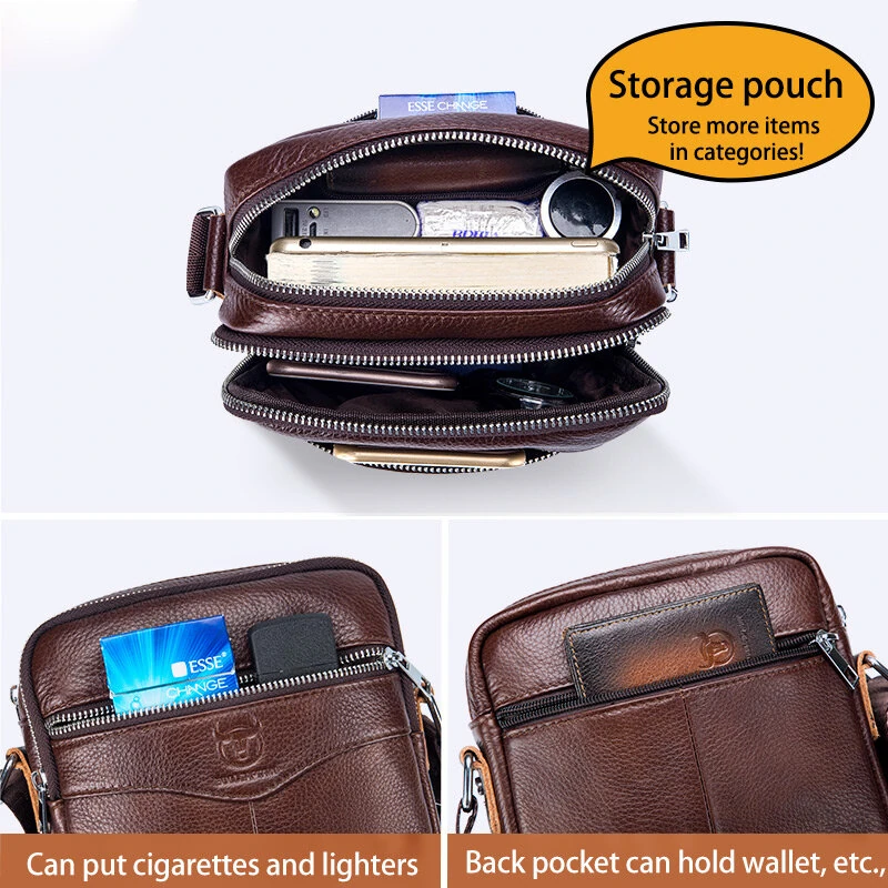 BULLCAPTAI Genuine Leather Men's Shoulder Bag Cowhide Messenger Bags Fashion Male Causal Small Double Zipper Crossbody Bag Short-distance Compact Mini Travel Bag — view 3