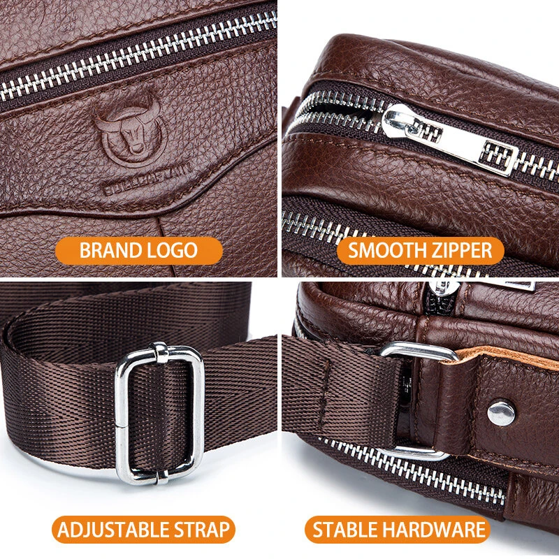 BULLCAPTAI Genuine Leather Men's Shoulder Bag Cowhide Messenger Bags Fashion Male Causal Small Double Zipper Crossbody Bag Short-distance Compact Mini Travel Bag — view 4