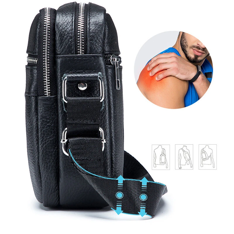 BULLCAPTAI Genuine Leather Men's Shoulder Bag Cowhide Messenger Bags Fashion Male Causal Small Double Zipper Crossbody Bag Short-distance Compact Mini Travel Bag — view 5