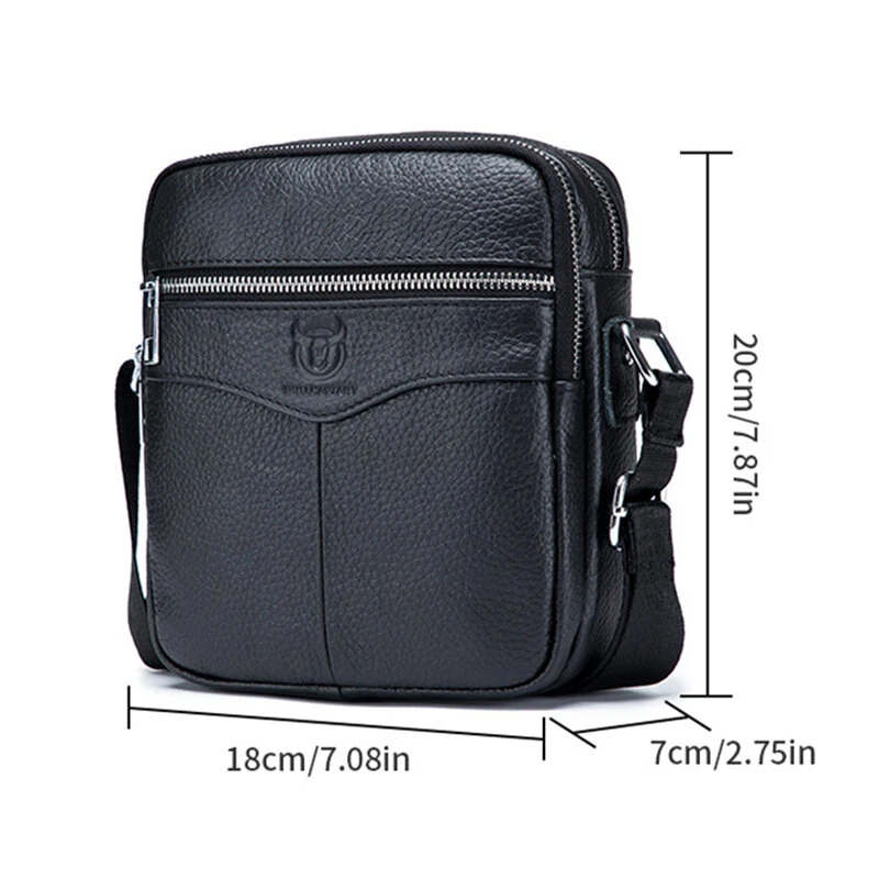 BULLCAPTAI Genuine Leather Men's Shoulder Bag Cowhide Messenger Bags Fashion Male Causal Small Double Zipper Crossbody Bag Short-distance Compact Mini Travel Bag — view 6