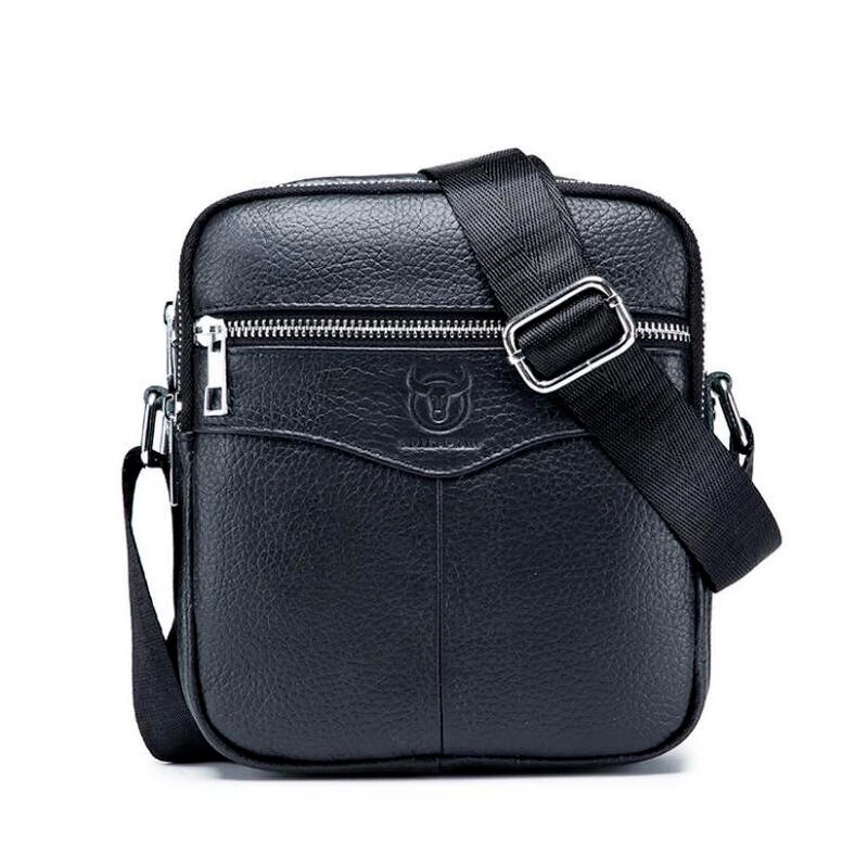 BULLCAPTAI Genuine Leather Men's Shoulder Bag Cowhide Messenger Bags Fashion Male Causal Small Double Zipper Crossbody Bag Short-distance Compact Mini Travel Bag — view 7