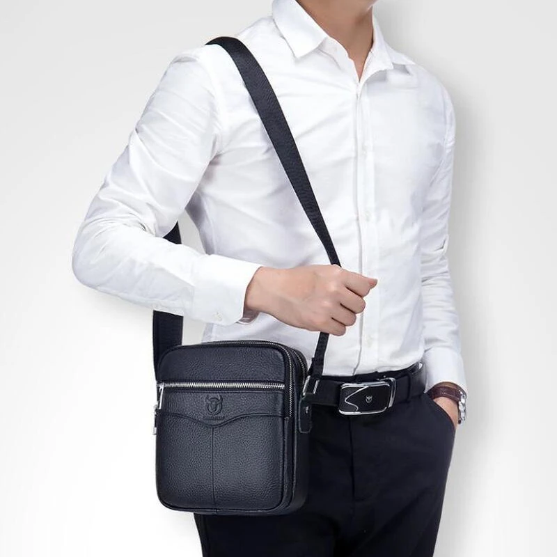 BULLCAPTAI Genuine Leather Men's Shoulder Bag Cowhide Messenger Bags Fashion Male Causal Small Double Zipper Crossbody Bag Short-distance Compact Mini Travel Bag — view 9