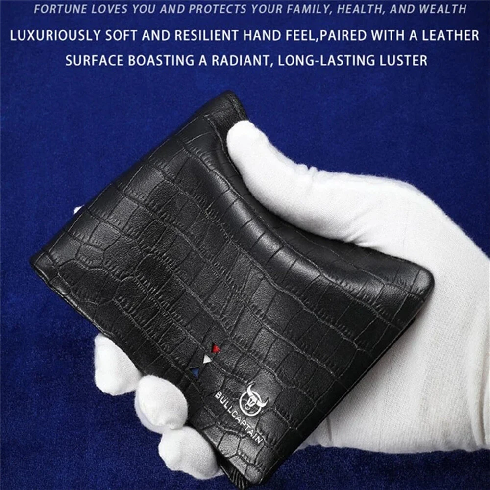 BULLCAPTAIN Business Casual Billfold Cowhide Leather Men Wallet with Gift Box Short Crocodile Pattern Holder RFID Money Clip Gift for Boyfriend Father Husband Gift — view 3