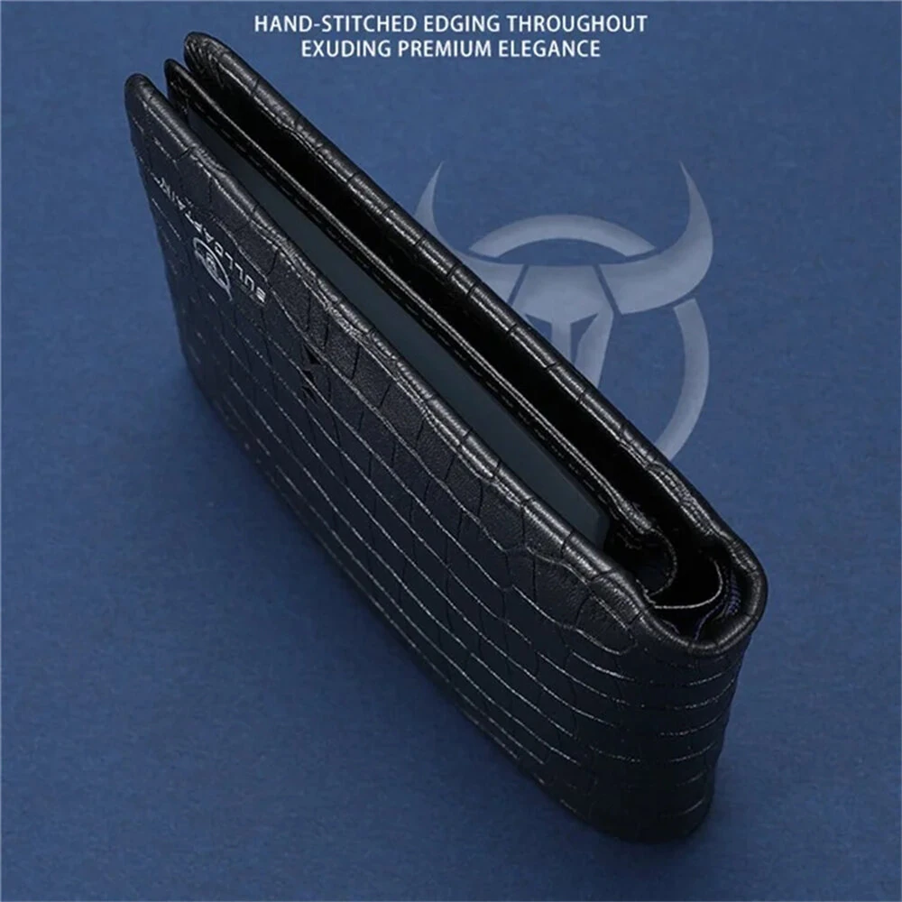 BULLCAPTAIN Business Casual Billfold Cowhide Leather Men Wallet with Gift Box Short Crocodile Pattern Holder RFID Money Clip Gift for Boyfriend Father Husband Gift — view 5