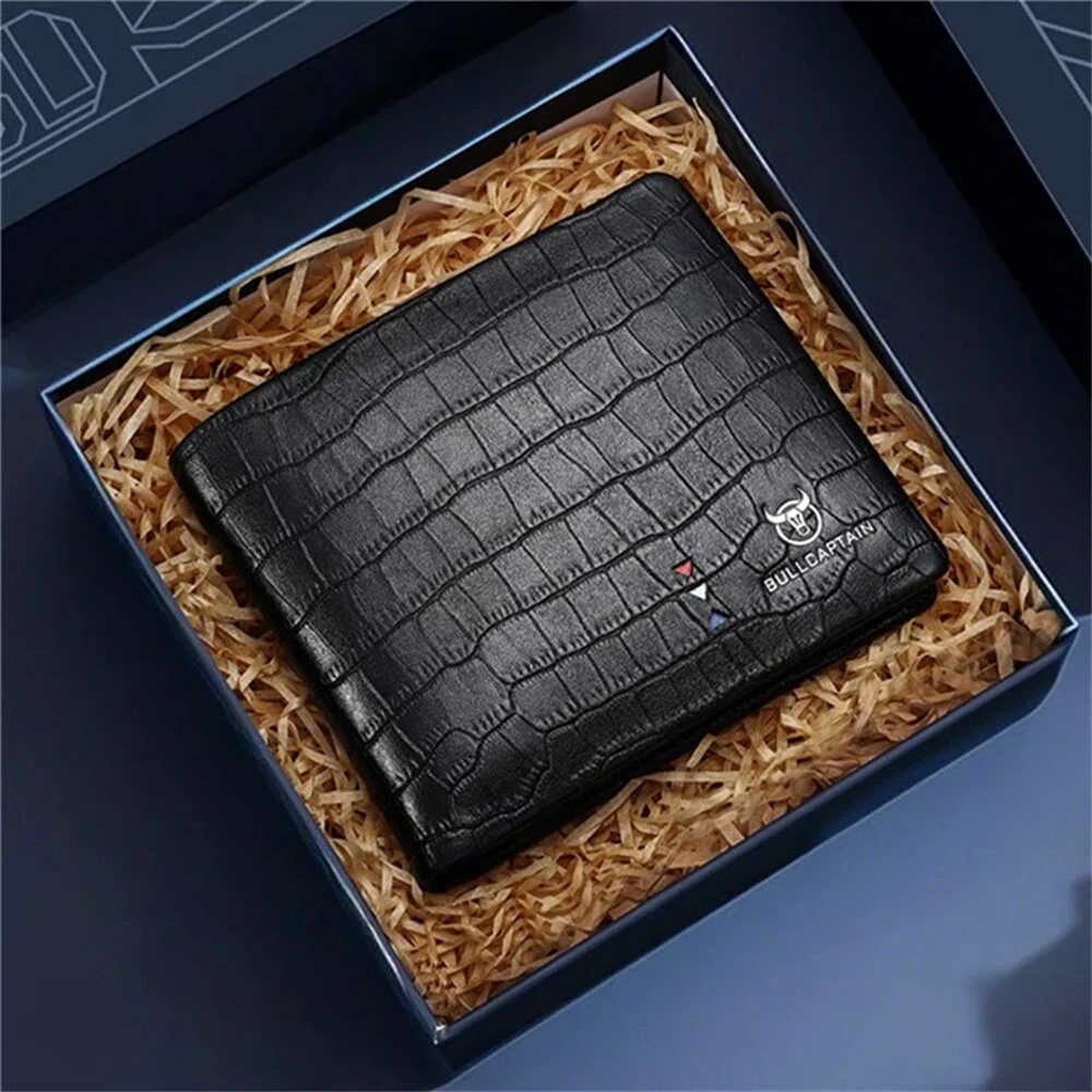 BULLCAPTAIN Business Casual Billfold Cowhide Leather Men Wallet with Gift Box Short Crocodile Pattern Holder RFID Money Clip Gift for Boyfriend Father Husband Gift — view 8