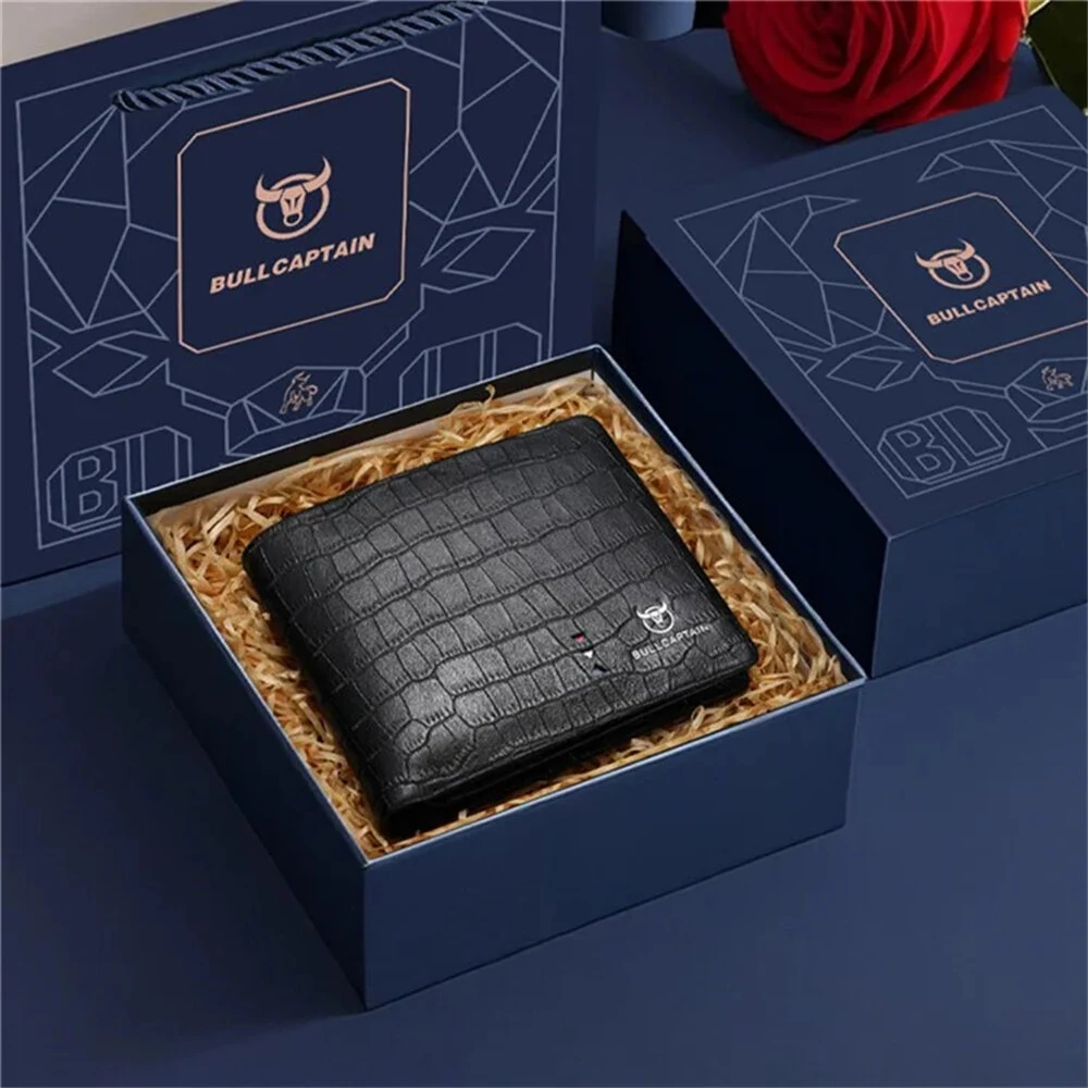 BULLCAPTAIN Business Casual Billfold Cowhide Leather Men Wallet with Gift Box Short Crocodile Pattern Holder RFID Money Clip Gift for Boyfriend Father Husband Gift — view 9