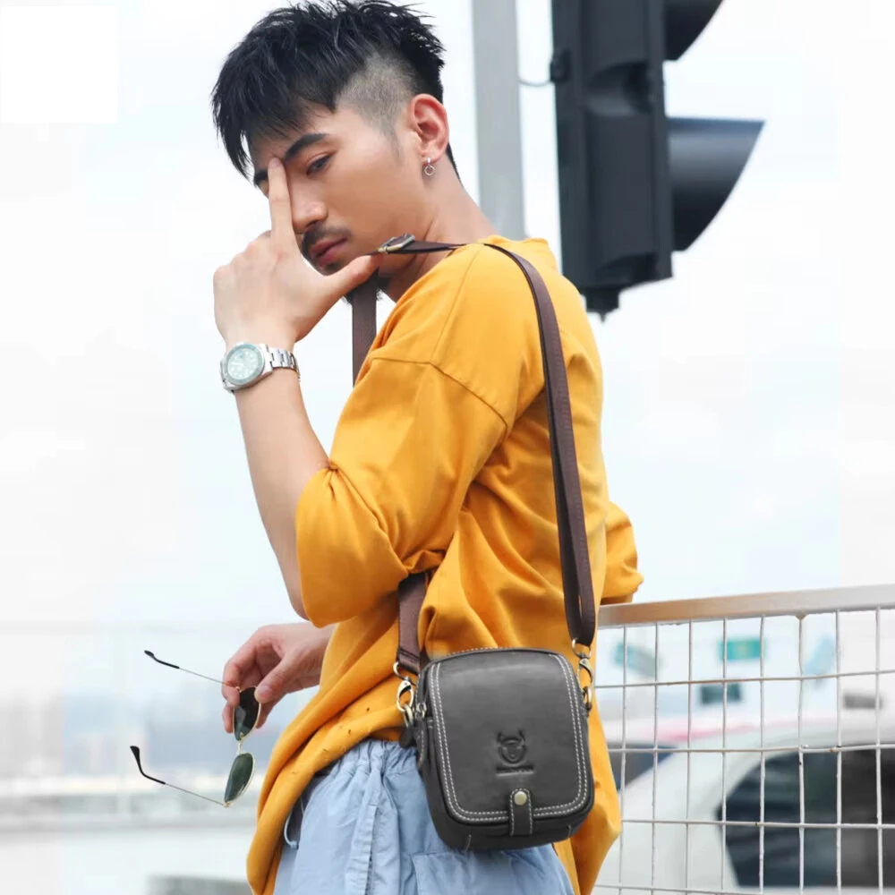 BULLCAPTAIN Casual Sports Mini Genuine Leather Crossbody Bag Men Casual Functional Cowhide Pack Outdoor Hiking Shoulder Bag — view 6