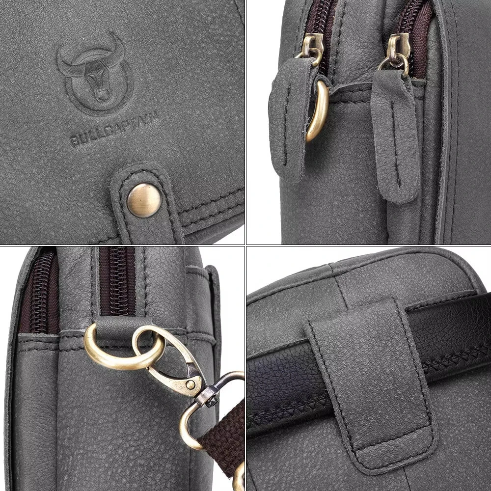BULLCAPTAIN Casual Sports Mini Genuine Leather Crossbody Bag Men Casual Functional Cowhide Pack Outdoor Hiking Shoulder Bag — view 7