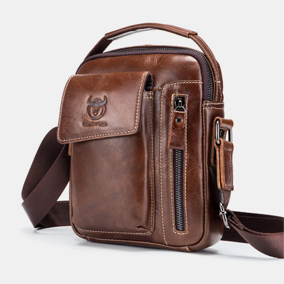 BULLCAPTAIN Genuine Leather Business Messenger Bag Retro Mini Vintage Shoulder Bag Crossbody Bag for Men Multi-functional Leather Mobile Phone Bags — view 11