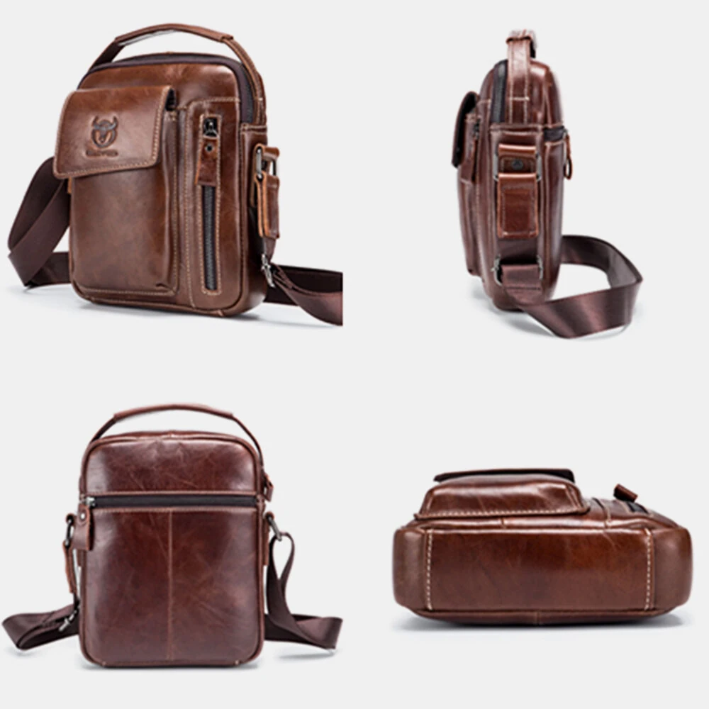 BULLCAPTAIN Genuine Leather Business Messenger Bag Retro Mini Vintage Shoulder Bag Crossbody Bag for Men Multi-functional Leather Mobile Phone Bags — view 2