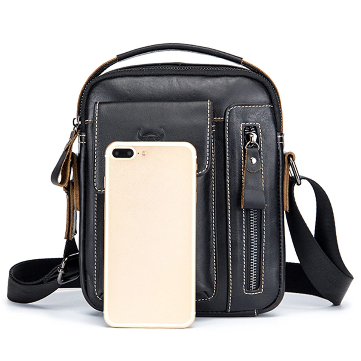 BULLCAPTAIN Genuine Leather Business Messenger Bag Retro Mini Vintage Shoulder Bag Crossbody Bag for Men Multi-functional Leather Mobile Phone Bags — view 6