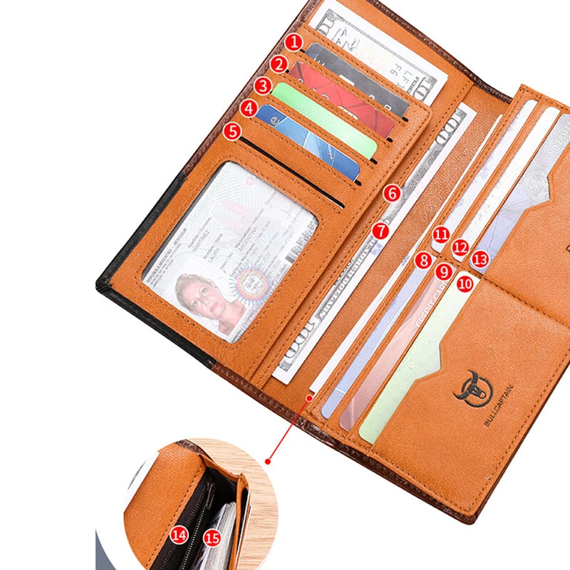 BULLCAPTAIN Genuine Leather Men’s Long Wallet Large-capacity Coin Purse RFID Blocking Credit Card Holder Multifunctional Handbag Clutch Wallet — view 3