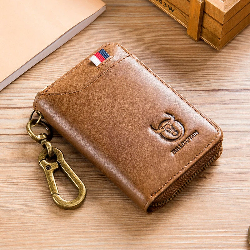 BULLCAPTAIN Genuine Leather Mens Waist-Mounted Wallet Card & Id Holders Multi-function Key Chain Holders Mini Key Bag Coin Purse Wallet Two-In-One with Gift Box — BULLCAPTAIN