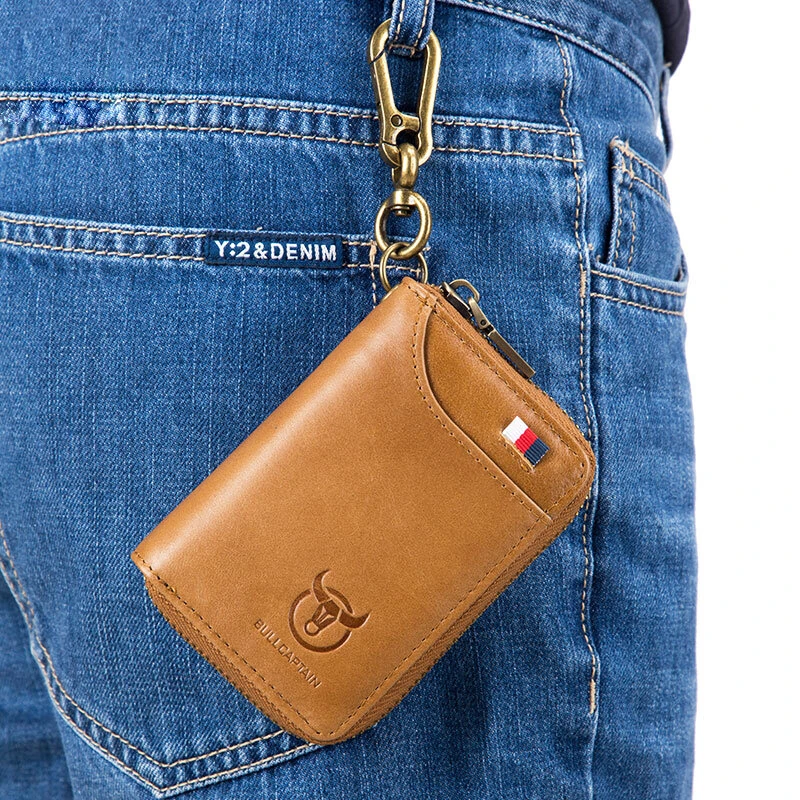 BULLCAPTAIN Genuine Leather Mens Waist-Mounted Wallet Card & Id Holders Multi-function Key Chain Holders Mini Key Bag Coin Purse Wallet Two-In-One with Gift Box — view 2