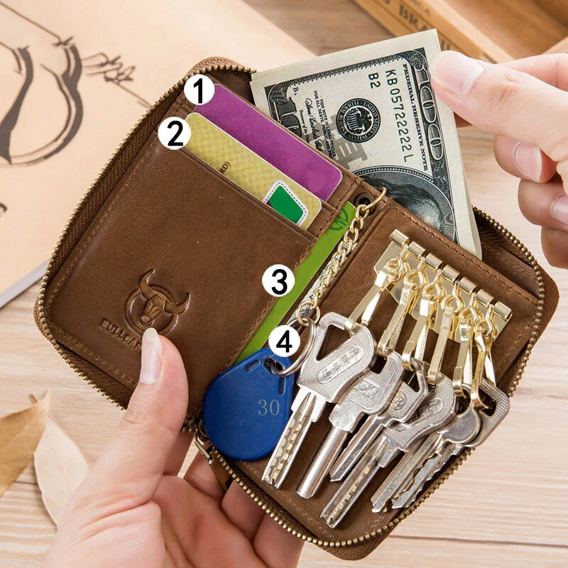 BULLCAPTAIN Genuine Leather Mens Waist-Mounted Wallet Card & Id Holders Multi-function Key Chain Holders Mini Key Bag Coin Purse Wallet Two-In-One with Gift Box — view 3